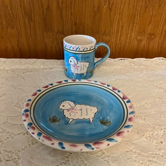 Vintage Hand-Painted World Bazars Ceramic EASTER LAMB Plate and Mug Set - Picture 1 of 9